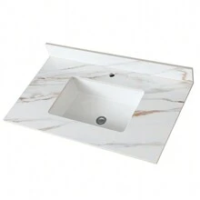37 Inch Marble Vanity Top, Bathroom Vanity Top With Undermount Rectangular Middle Sink And 4" Height Backsplash, Pre-Drilled Faucet Hole Vanity Top, Single Hole - trắng - Xem 1