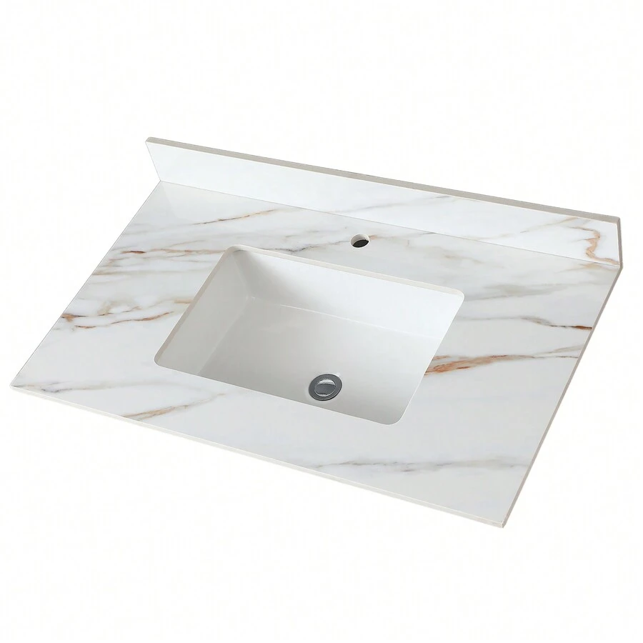 37 Inch Marble Vanity Top, Bathroom Vanity Top With Undermount Rectangular Middle Sink And 4" Height Backsplash, Pre-Drilled Faucet Hole Vanity Top, Single Hole - trắng - Xem 1