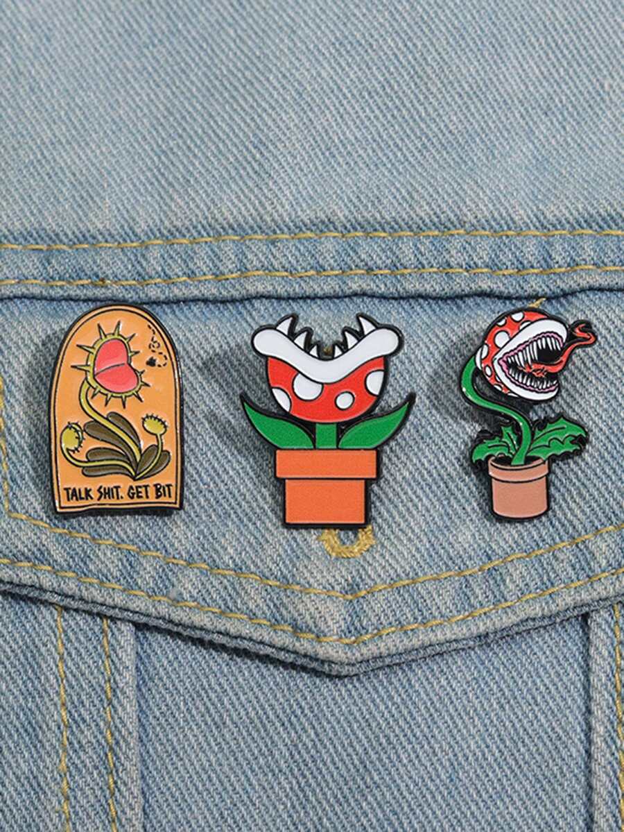 QIHOO 3 件装 食人花珐琅针 卡通创意胸针 翻领徽章配饰 送给朋友的礼物 - 彩色 - 查看 1