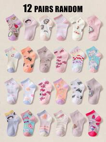 12 双儿童袜子，彩色卡通动物、蝴蝶、独角兽、女孩、糖果、花朵、字母、彩虹条纹图案，舒适、透气、柔软中筒袜，适合儿童日常生活，节日礼物，颜色和款式随机 - 彩色 - 查看 5