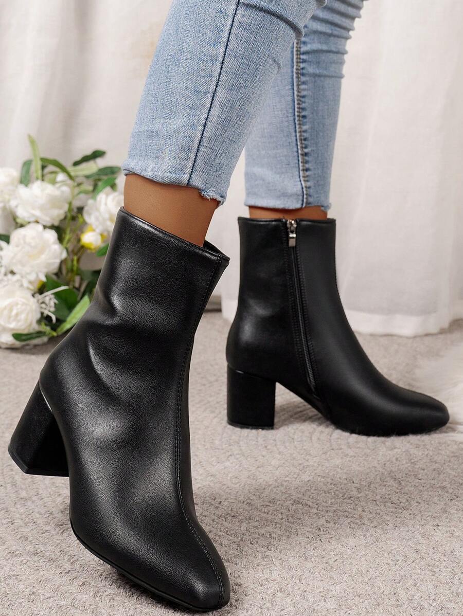 女士纯色套穿踝靴，侧拉链，方头，粗跟，休闲日常百搭黑色踝靴，优雅时尚 - 黑色 - 查看 1