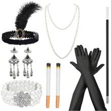 5/7 件 1920 年代风格头饰套装:羽毛头带、手套、仿珍珠项链、手扇、吊坠耳环 - 轻佻女郎派对服装配饰、复古万圣节服装情人节情人节舞会 - 黑色 - 查看 12