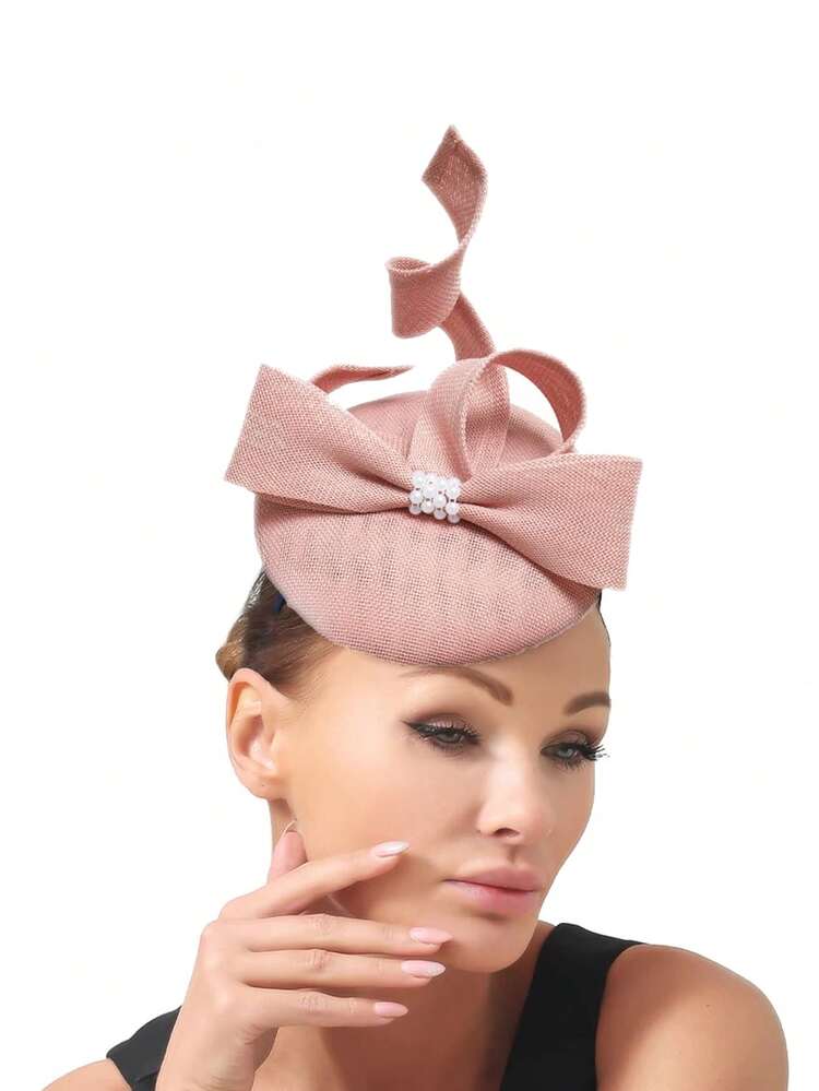 1 pieza Lindo accesorio decorativo para el cabello de mujer con sombrerete, perla y lazo, sombrero de fiesta, sombrero de boda, diadema, tocado, sombrero de té - Multicolor - Añade 9
