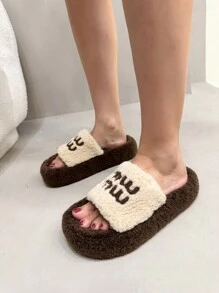 2025 女士新款厚底毛绒拖鞋，适合户外穿着，秋冬，适合娇小女性的厚底拖鞋，宽松一脚蹬拖鞋，增高 4 厘米，室内/办公室穿着 - 杏色 - 查看 6