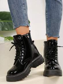 New Women's Fashion Thermal Lined Biker Ankle Boots, Wear With Pants - Black - View 4