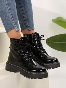 New Women's Fashion Thermal Lined Biker Ankle Boots, Wear With Pants - Black - View 3