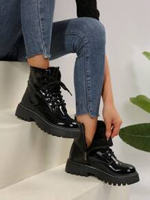 New Women's Fashion Thermal Lined Biker Ankle Boots, Wear With Pants - Black - View 2