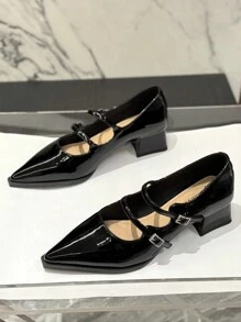 Giày Mary Jane da bóng mũi nhọn gót dày mùa xuân mới 2024 dành cho nữ, đa năng và thanh lịch - màu đen - Xem 1