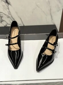 Giày Mary Jane da bóng mũi nhọn gót dày mùa xuân mới 2024 dành cho nữ, đa năng và thanh lịch - màu đen - Xem 2