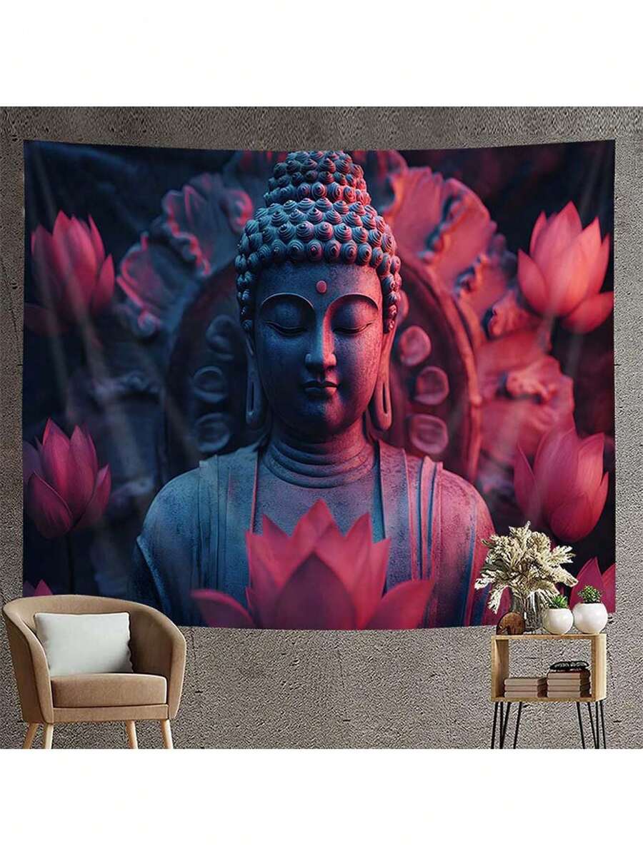 1 件佛像印花挂毯，家居装饰，现代涤纶方形装饰挂毯，适用于客厅和卧室，房间装饰，房间旗帜，挂毯 - 彩色 - 查看 1