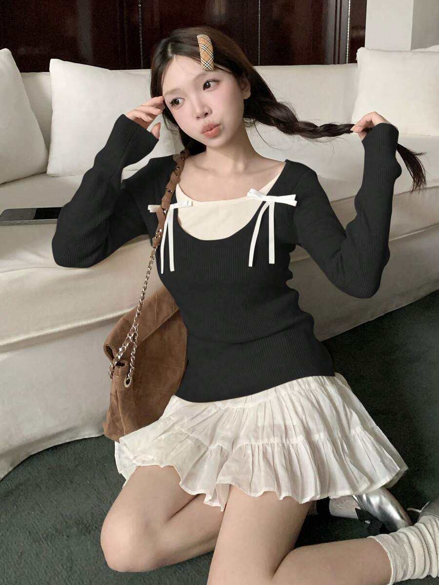 RUIWY 女士甜美蝴蝶结设计撞色长袖修身圆领毛衣,适合秋季穿着 - 黑色 - 查看 1
