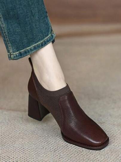2025 Spring/Autumn New Soft Leather Slip-On Chunky Heel Elastic Knit Patchwork Block Heel Women's Shoes, Size Runs Small, Recommend Ordering One Size Up, Women's Ankle Boots High Heels, Women's Block Heel Brown Pumps, Women's Short Boots, Versatile Minimalist Stylish Boots To Pair With Long Skirts And Wide-Leg Pants