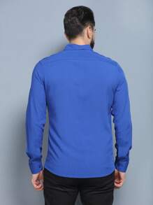 Long Sleeve Dress Shirt In Viscose Fabric Shrinks A Little With Pocket Slim Fit Not Bulky, Easy To Iron - Royal Blue - View 2