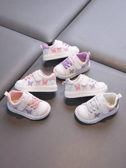 1 双女童彩色蝴蝶刺绣设计防滑运动鞋，白色户外步行鞋，适合秋冬季