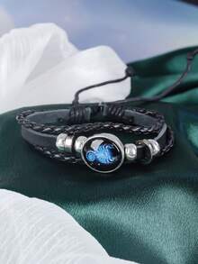 1 件时尚情侣手链，12 星座多层编织夜光朋克皮革星空手链 - 黑色 - 查看 8