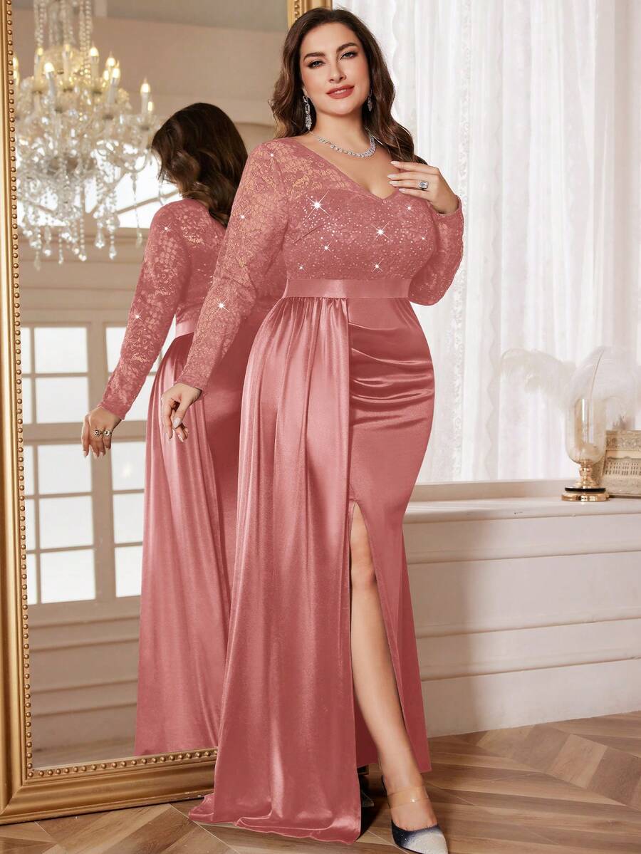 Plus V Neck Sequin Lace Contrast Draped Front Ruched Split Hem Satin Formal Party Long Dress, Wedding Guest Dress, For Graduation, Homecoming, Festivals - Dusty Pink - View 1