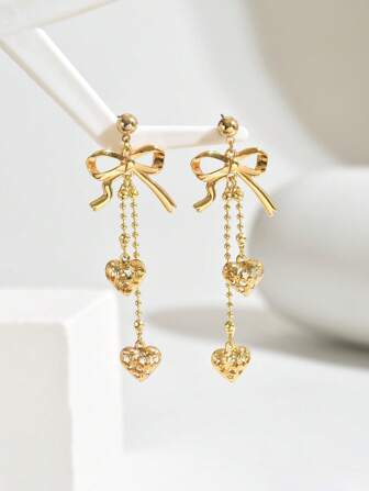 2 件优雅时尚蝴蝶结、空心金属心形吊坠、勃艮第心形玻璃水钻、星星和月亮组合、带水晶链的铜耳环、仿珍珠巴洛克串珠金属球链流苏、空心心形玻璃水钻蝴蝶结等经典女士耳环，适合所有季节、情人节、感恩节和其他节日