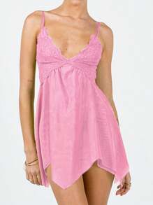 Women Lace Nightdress Lingerie Mesh See-Through V-Neck Sleeveless Sling Sleepwear Dress Irregular Hem Backless Underwear