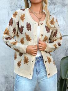Maple Leaf Pattern Jacquard Drop Shoulder Long Sleeve Crew Neck Casual Knit Cardigan For Women - Apricot - View 2