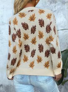 Maple Leaf Pattern Jacquard Drop Shoulder Long Sleeve Crew Neck Casual Knit Cardigan For Women - Apricot - View 7