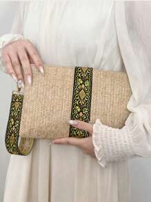 时尚图案印花多功能拉链手拿包，复古休闲夏季沙滩草编手腕包，女士旅行度假编织手机零钱包钥匙手提包，便携式波西米亚风格狂欢节小方形钱包，完美搭配女士度假装 - 卡其色 - 查看 4