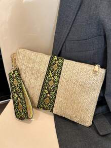 时尚图案印花多功能拉链手拿包，复古休闲夏季沙滩草编手腕包，女士旅行度假编织手机零钱包钥匙手提包，便携式波西米亚风格狂欢节小方形钱包，完美搭配女士度假装 - 卡其色 - 查看 3