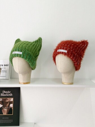 New Autumn/Winter Warm Faux Fur Horns Knitted Hat, Versatile Cute Beanie, Ombre Knit Cat Ear Hat, Warm Ear Protection Cold Cap, Flattering For Women