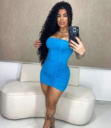 Women's Strapless Short Bodycon Dress With Cups And Ruched Detail In Suplex Fabric - Foreign Fashion Trend! - 藍色 - 查看 2