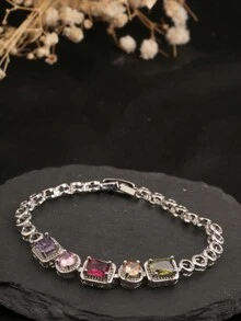 1 件北极冰方晶锆石手镯，5 种颜色包括紫色、粉色、白色、绿色、空心圆形设计，适合女性日常佩戴 - 5寶石手鍊 - 查看 8