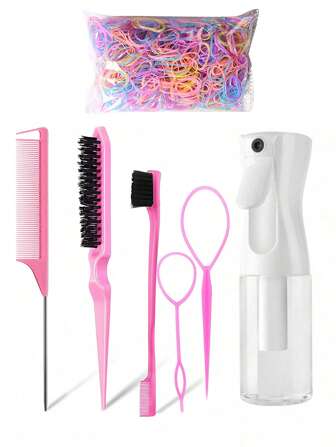 7pcs Comb Set - 1000 Hair Spray, 1pc Triple-Row Teasing Comb, Eyebrow Brush, Steel Needle Comb - Styling Tools For Girls