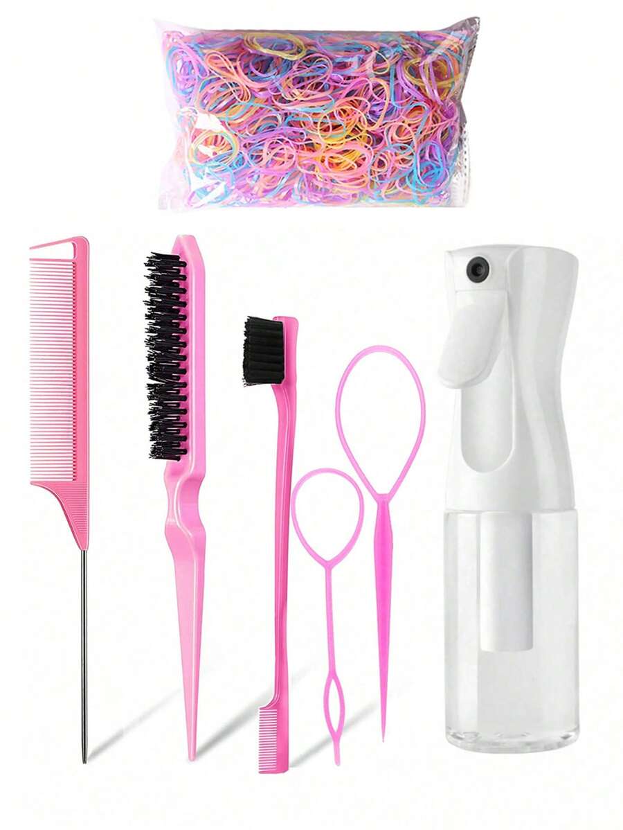 7pcs Comb Set - 1000 Hair Spray, 1pc Triple-Row Teasing Comb, Eyebrow Brush, Steel Needle Comb - Styling Tools For Girls - Pink - View 1