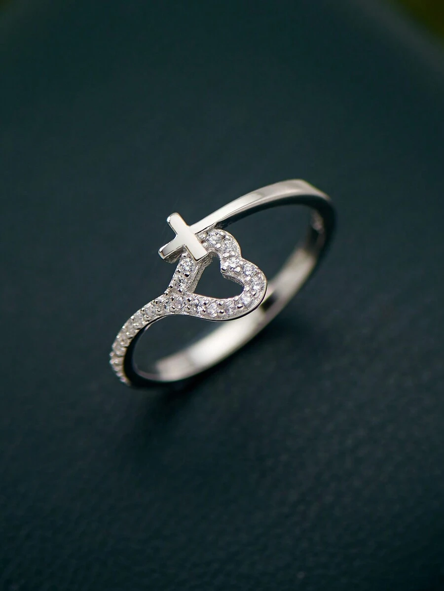 1 件优雅 S925 银心形精致戒指，适合女士装饰、派对和送给女朋友的礼物，女士银饰 - 銀色 - 查看 1