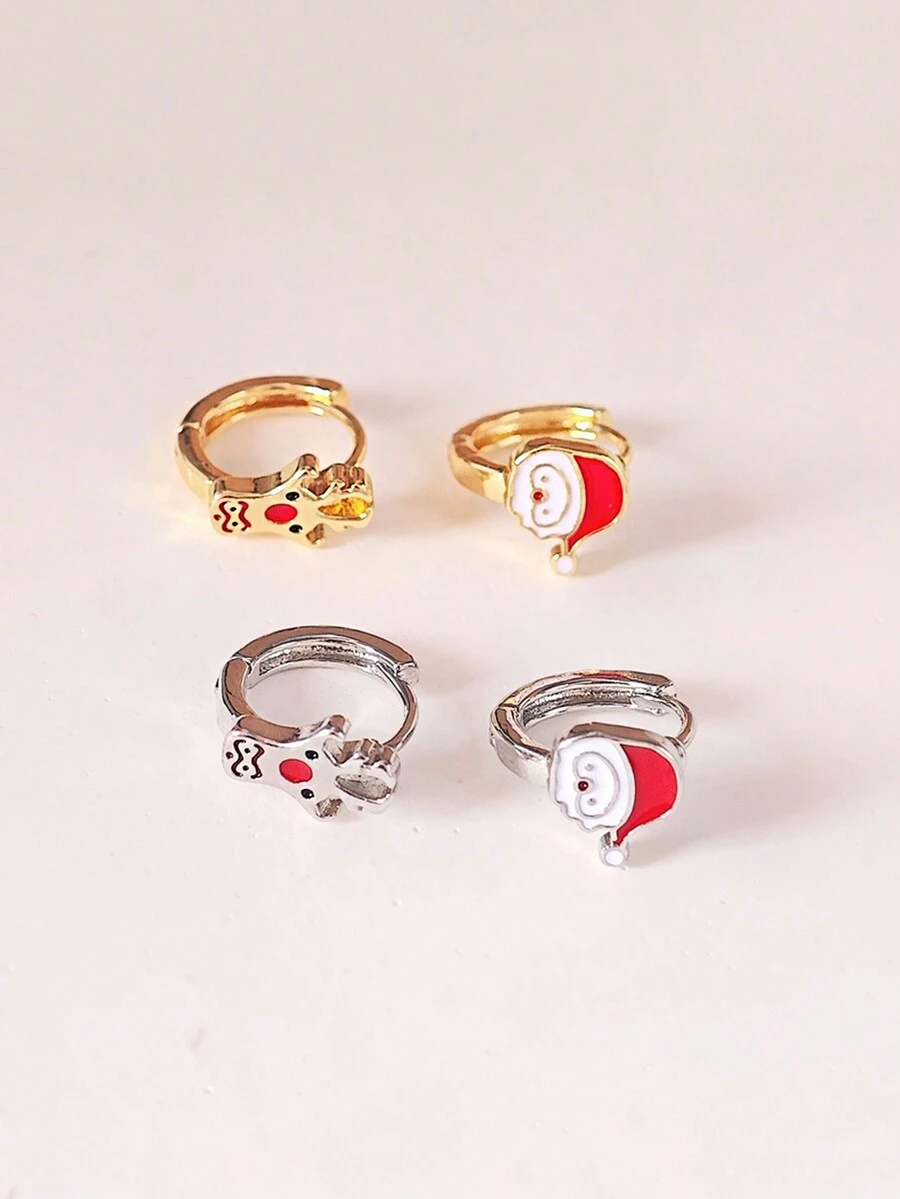 1 对简约时尚优雅滴釉卡通圣诞老人和驯鹿不对称环状耳环，女士鹿耳钉，时尚风格 - 聖誕耳扣 - 查看 1