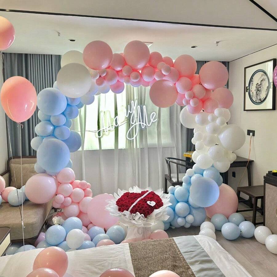 129 件粉色和蓝色气球套装，包括浅粉色、白色和浅蓝色乳胶气球，适用于性别揭晓、生日、迎婴派对、新娘派对、婚礼、派对装饰 - 彩色 - 查看 1