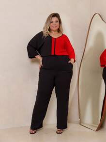 Maison Raglan Sleeve Blouse And Plus Size Trousers Summer Set - Rojo - Ver 2