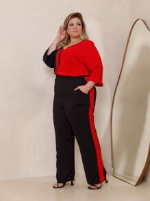 Maison Raglan Sleeve Blouse And Plus Size Trousers Summer Set - Rojo - Ver 1