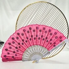 D EXCEED 1 件女士折扇，手工制作优雅彩色刺绣花朵孔雀图案亮片面料折扇（多色）