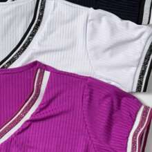 3-Piece Kit Of Women's Ribbed V-Neck Blouses One Size 40 42 44 Summer Fashion Black + White + One Color Of Your Choice - 紫色 - 查看 4