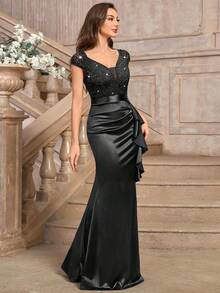 MIUSOL Deep V-Neck Contrast Sequin Lace Ruffle Mermaid Hem Satin Evening Party Maxi Dress - Black - View 5