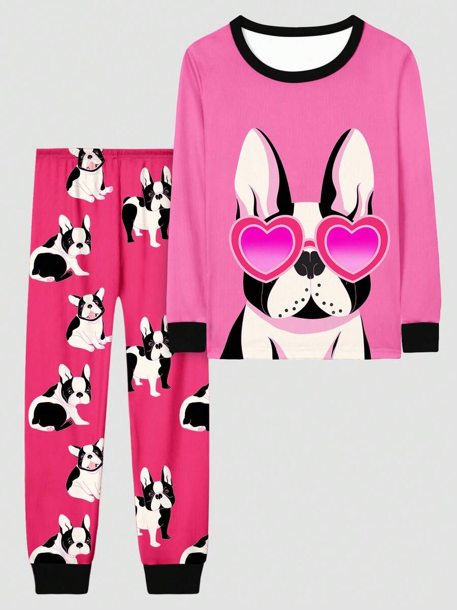 Tween Girls Pink Heart & Dog Graphic Snug Fit Long Sleeve Pajama Set