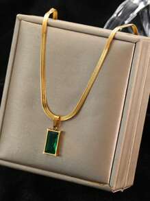 Conjunto de collar y aretes de acero inoxidable cuadrados con cristal verde y circonita cúbica, un conjunto de joyas de moda, adecuado para uso diario
