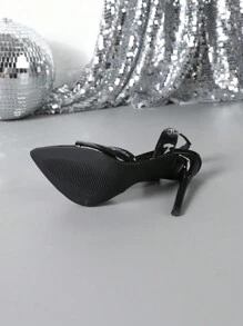 Women's Pointed Toe Red Cross Strap Stiletto Heel Mule Sandals - Black - View 7