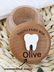 1 Pc Customized Tooth Fairy Box For Tooth Holder Wooden Saver Organizer Storage Box For Boys Girls Lost Teeth Birthday Present - Brown - View 1