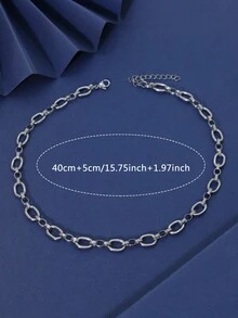 1 件简约椭圆形不锈钢粗链项链，男女通用配饰，适合通勤 - 銀色 - 查看 5