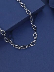 1 件简约椭圆形不锈钢粗链项链，男女通用配饰，适合通勤 - 銀色 - 查看 3