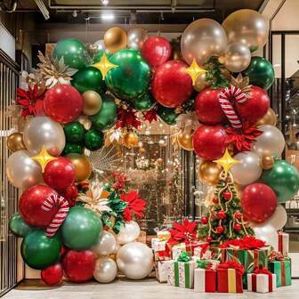 113 st julballongset innehåller röda och gröna ballonger, pärlvita och guldballonger, krans, trollstavar, folieballonger, guldstjärnaballonger för julfestdekorationer