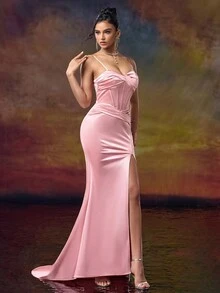 直筒甜心领细肩带晚会礼服，优雅正式舞会礼服，适合婚礼嘉宾、毕业典礼、晚宴