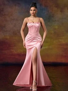 直筒甜心领细肩带晚会礼服，优雅正式舞会礼服，适合婚礼嘉宾、毕业典礼、晚宴