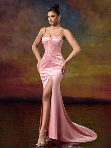 直筒甜心领细肩带晚会礼服，优雅正式舞会礼服，适合婚礼嘉宾、毕业典礼、晚宴