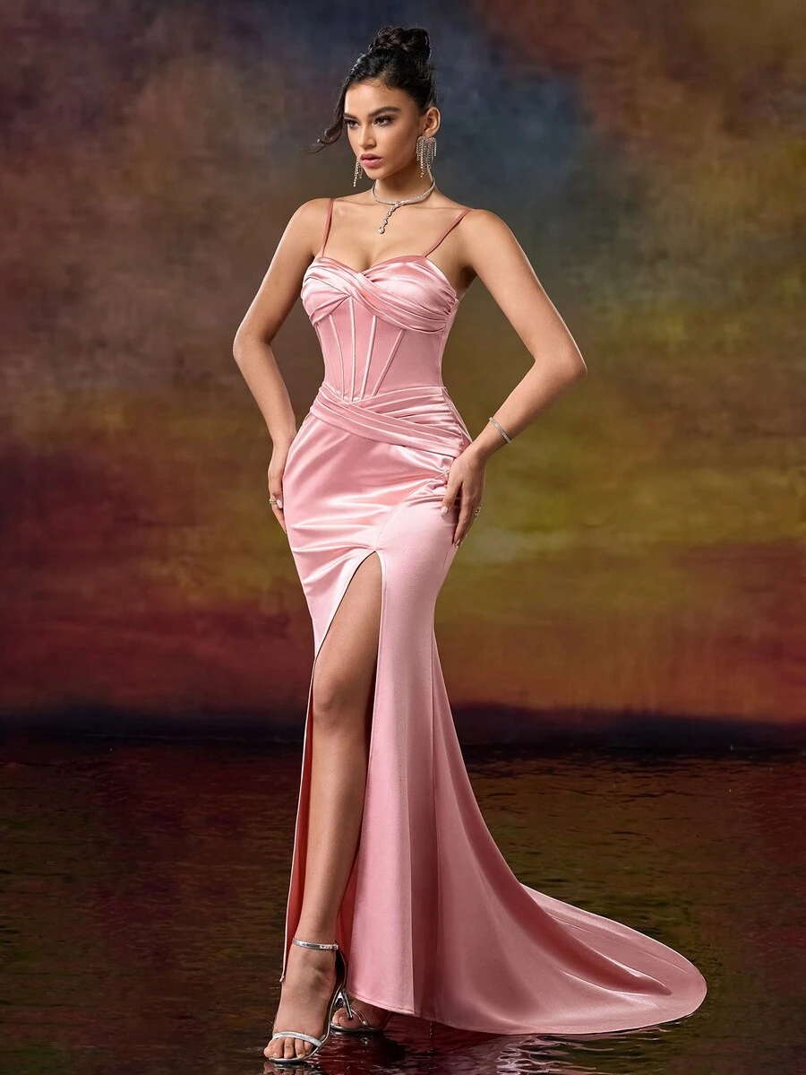 直筒甜心领细肩带晚会礼服，优雅正式舞会礼服，适合婚礼嘉宾、毕业典礼、晚宴